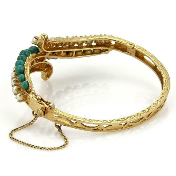 Vintage 14k Gold Natural Pearls Turquoise Bangle - Picture 2 of 3